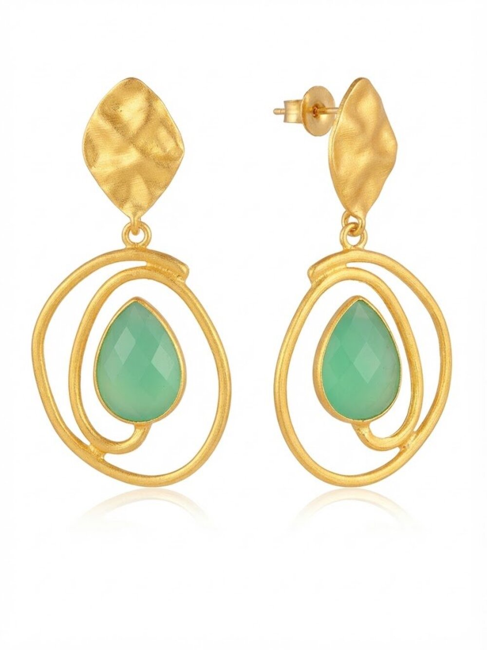Vintage Boho Gold Hammered Leaf Teardrop Earrings Translucent Green Stone Geomet